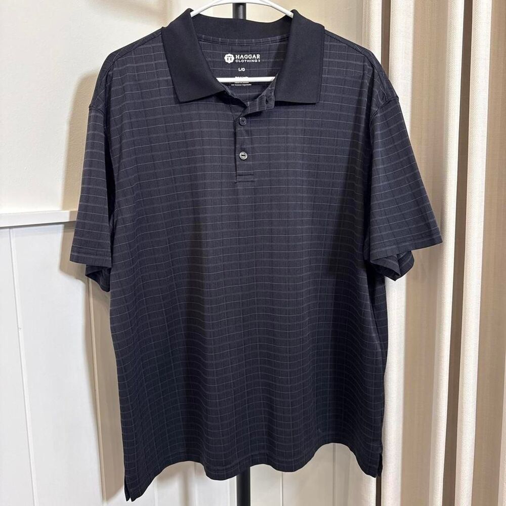 Haggar Men's Large Charcoal Gray Windowpane Check Polo